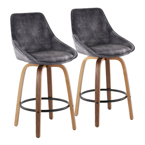 Lumisource Diana Contemporary Counter Stool in Walnut Wood and Grey Velvet with Black Round Footrest - Set of 2