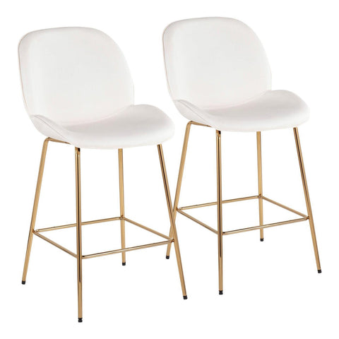Lumisource Diva Contemporary/Glam Counter Stool in Gold Steel and White Faux Leather - Set of 2