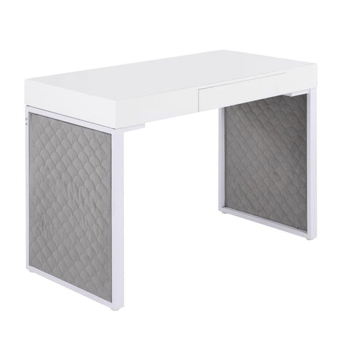 Lumisource Drift Contemporary Upholstered Desk in White Steel, White Wood and Silver Velvet