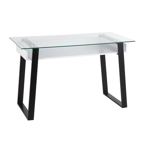Lumisource Duke Contemporary Desk in Black Metal, White Wood, and Clear Glass