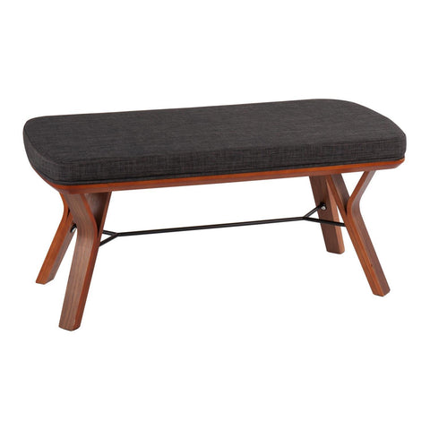 Lumisource Folia Mid-Century Modern Bench in Walnut Wood and Charcoal Fabric