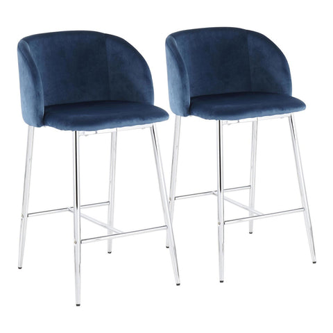 Lumisource Fran Contemporary Counter Stool in Chrome Metal and Blue Velvet - Set of 2
