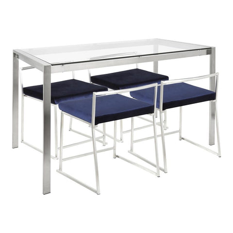 Lumisource Fuji 5-Piece Contemporary Dining Set in Stainless Steel & Blue Velvet Fabric