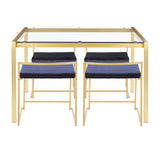 Lumisource Fuji 5-Piece Contemporary/Glam Dining Set in Gold Metal/Clear Tempered Glass & Blue Velvet Fabric