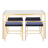 Lumisource Fuji 5-Piece Contemporary/Glam Dining Set in Gold Metal/White Marble & Blue Velvet Fabric