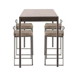 Lumisource Fuji 5-Piece Industrial Counter Height Dining Set in Antique Metal/Walnut Wood & Brown Cowboy Fabric