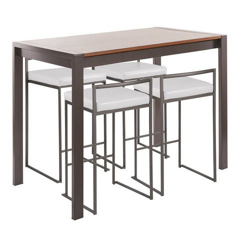 Lumisource Fuji 5-Piece Industrial Counter Height Dining Set in Antique Metal/Walnut Wood & White Faux Leather