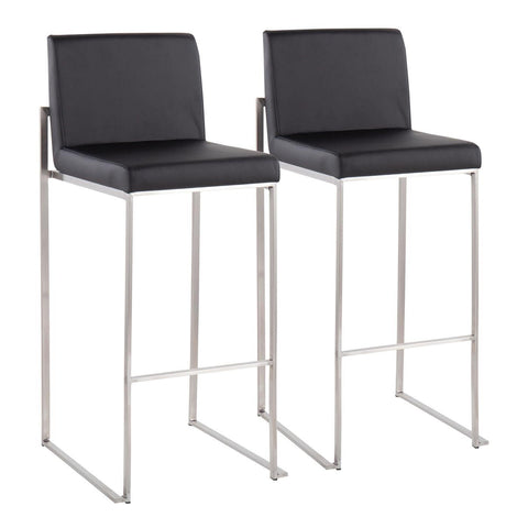 Lumisource Fuji Contemporary High Back Barstool in Stainless Steel and Black Faux Leather - Set of 2