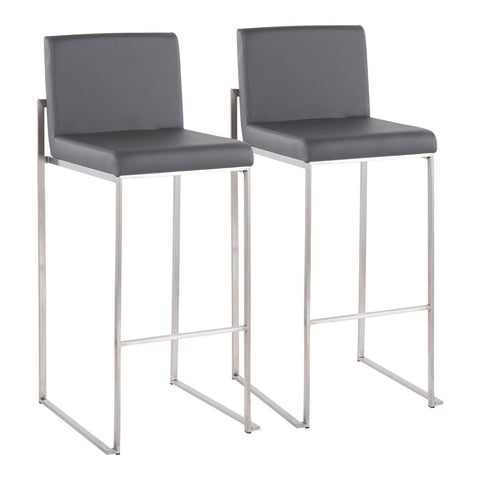 Lumisource Fuji Contemporary High Back Barstool in Stainless Steel and Grey Faux Leather - Set of 2
