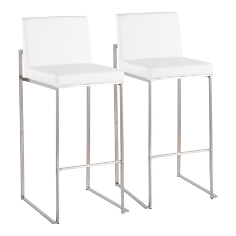 Lumisource Fuji Contemporary High Back Barstool in Stainless Steel and White Faux Leather - Set of 2