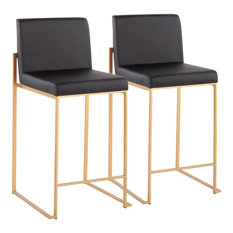 Lumisource Fuji Contemporary High Back Counter Stool in Gold Steel and Black Faux Leather - Set of 2