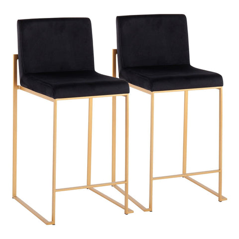 Lumisource Fuji Contemporary High Back Counter Stool in Gold Steel and Black Velvet - Set of 2