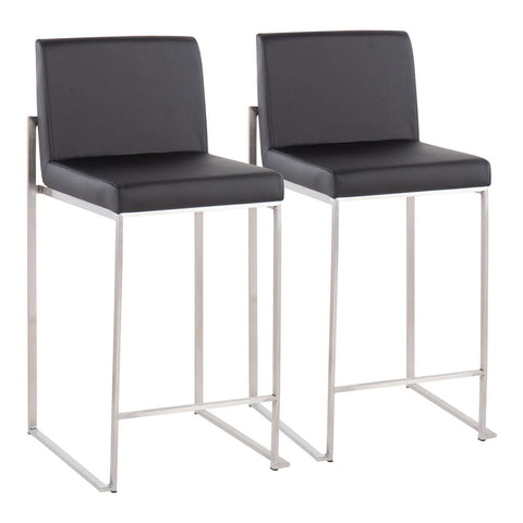 Lumisource Fuji Contemporary High Back Counter Stool in Stainless Steel and Black Faux Leather - Set of 2