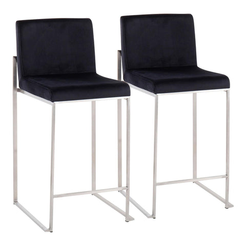 Lumisource Fuji Contemporary High Back Counter Stool in Stainless Steel and Black Velvet - Set of 2