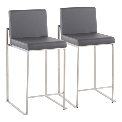 Lumisource Fuji Contemporary High Back Counter Stool in Stainless Steel and Grey Faux Leather - Set of 2