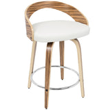 Lumisource Grotto Mid-Century Modern Counter Stool with Swivel in Zebra Wood and White Faux Leather - Set of 2
