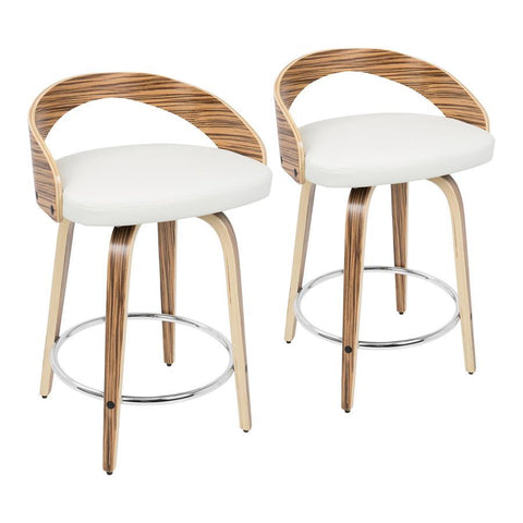 Lumisource Grotto Mid-Century Modern Counter Stool with Swivel in Zebra Wood and White Faux Leather - Set of 2