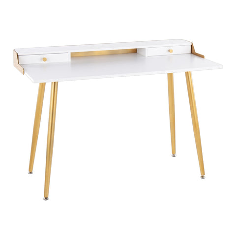 Lumisource Harvey Contemporary Desk in Gold Steel and White Wood with Gold Accents