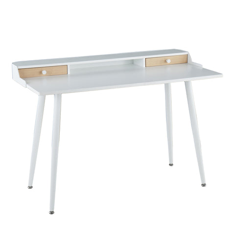 Lumisource Harvey Contemporary Desk in White Steel and White and Natural Wood with White Accents