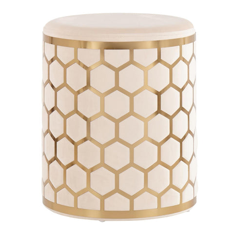 Lumisource Honeycomb Contemporary/Glam Ottoman in Gold Steel and Cream Velvet
