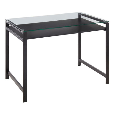 Lumisource Hover Contemporary Desk in Black Steel and Clear Glass with Black Wood Shelf