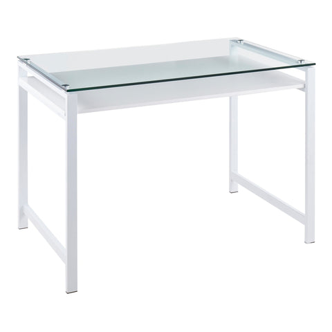 Lumisource Hover Contemporary Desk in White Steel and Clear Glass with White Wood Shelf