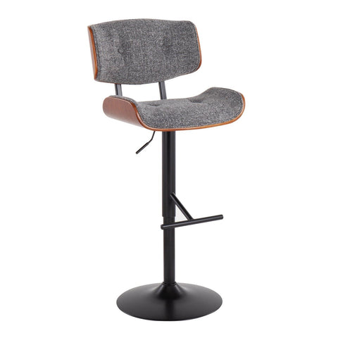 Lumisource Lombardi Mid-Century Modern Barstool in Black Metal and Grey Noise Fabric with Walnut Wood Accent