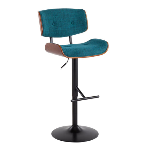 Lumisource Lombardi Mid-Century Modern Barstool in Black Metal and Teal Noise Fabric with Walnut Wood Accent