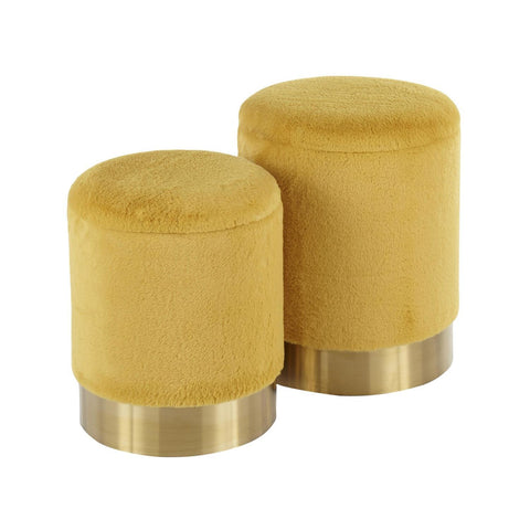 Lumisource Marla Contemporary Nesting Ottoman Set in Gold Metal and Yellow Plush Fabric