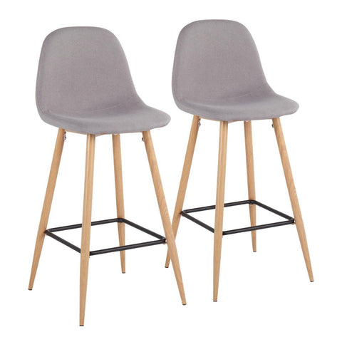 Lumisource Pebble Mid-Century Modern Barstool in Natural Metal and Light Grey Fabric - Set of 2