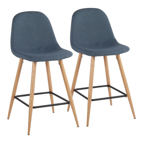 Lumisource Pebble Mid-Century Modern Counter Stool in Natural Metal and Blue Fabric - Set of 2