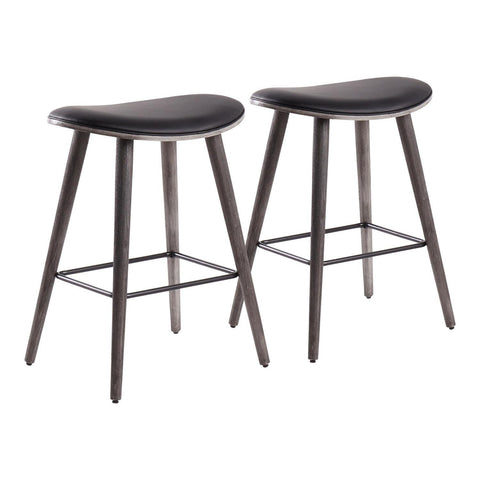 Lumisource Saddle 26" Contemporary  Counter Stool in Grey Wood and Black Faux Leather with Black Metal - Set of 2