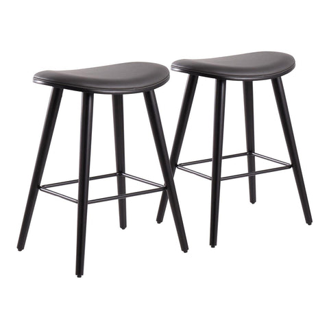 Lumisource Saddle 26" Contemporary Counter Stool in Black Wood and Grey Faux Leather with Black Metal - Set of 2
