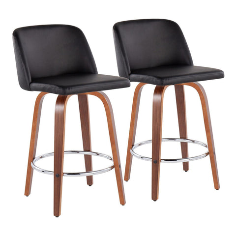 Lumisource Toriano Mid-Century Modern Fixed-Height Counter Stool in Walnut Wood with Round Black Footrest and Black Faux Leather - Set of 2