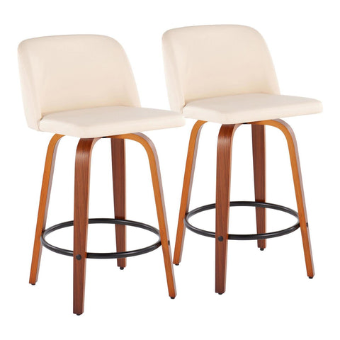 Lumisource Toriano Mid-Century Modern Fixed-Height Counter Stool in Walnut Wood with Round Black Footrest and Cream Faux Leather - Set of 2