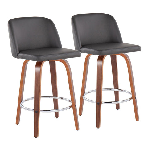 Lumisource Toriano Mid-Century Modern Fixed-Height Counter Stool in Walnut Wood with Round Chrome Footrest and Grey Faux Leather - Set of 2