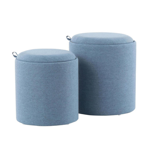 Lumisource Tray Contemporary Nesting Ottoman Set in Blue Fabric and Natural Wood