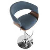 Lumisource Vintage Mod Mid-Century Modern Adjustable Barstool with Swivel in Walnut and Blue Fabric