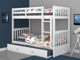 OS Home and Office Furniture Model 0210M-TRUND-R, Solid Pine Twin over Twin Bunk Bed with Roll out Twin Trundle Bed in Casual White