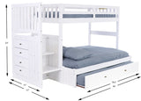 OS Home and Office Furniture Model 0214-TF-TRUND, Solid Pine Mission Staircase Twin over Full Bunk Bed with Four Drawer Chest and a Roll Out Twin Trundle bed in Casual White.