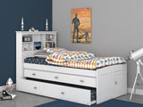 OS Home and Office Furniture Model 0220-K3-KD Solid Pine Twin Captains Bookcase Bed with Twin Trundle and 3 spacious underbed drawers in Casual White