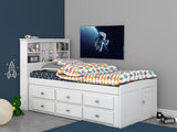 OS Home and Office Furniture Model 0220-K6-KD Solid Pine Twin Captains Bookcase Bed with 6 spacious under bed drawers in Casual White