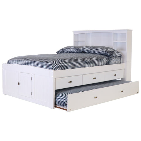OS Home and Office Furniture Model 0221-K3-KD Solid Pine Full Sized Captains Bookcase Bed with Twin Trundle and 3 spacious underbed drawers in Casual White