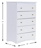 OS Home and Office Furniture Model 80255KD, Solid Pine Five Drawer Chest in Casual White