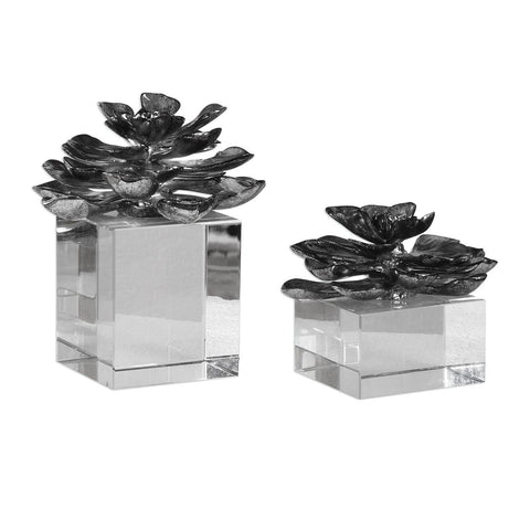 Uttermost Indian Lotus Metallic Silver Flowers - Set of 2