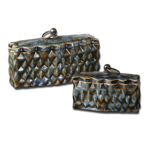 Uttermost Neelab 2 Ceramic Containers in Distressed Pale Blue & Brown