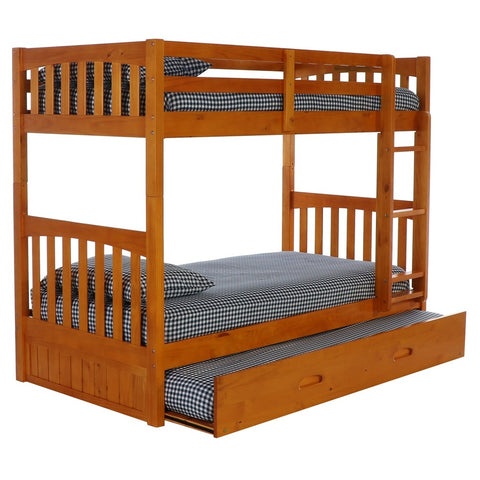 American Furniture Classics Model 2111-TRUND, Solid Pine Mission Twin over Twin Bunk Bed with Roll Out Twin Trundle Bed in Warm Honey