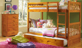 American Furniture Classics Model 2111-TRUND, Solid Pine Mission Twin over Twin Bunk Bed with Roll Out Twin Trundle Bed in Warm Honey