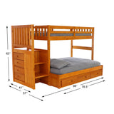 American Furniture Classics Model 2114-TF-K3-KD, Solid Pine Mission Staircase Twin over Full Bunk Bed with Seven Drawers in Warm Honey