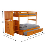 American Furniture Classics Model 2114-TF-TRUND, Solid Pine Mission Staircase Twin over Full Bunk Bed with Four Drawer Chest and Roll Out Twin Trundle Bed in Warm Honey